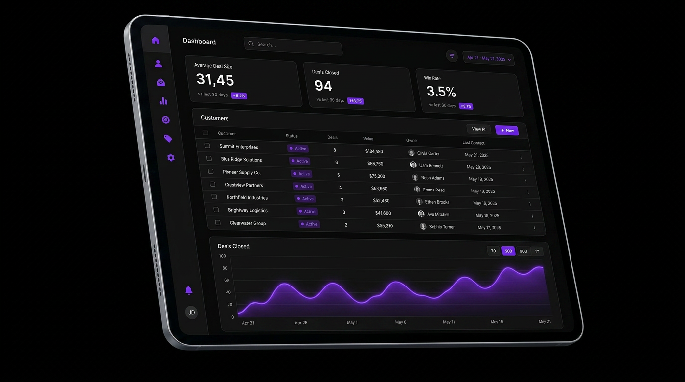 Custom CRM dashboard with pipeline, tables and analytics